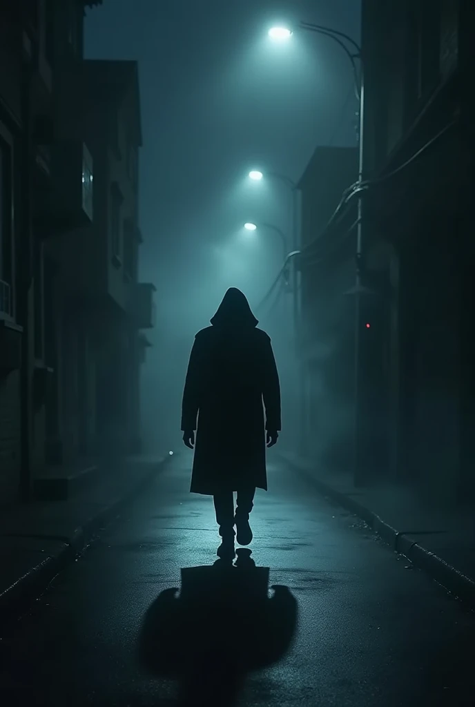 Silhouette of hypocritical person walking on the street at night with aura of envy