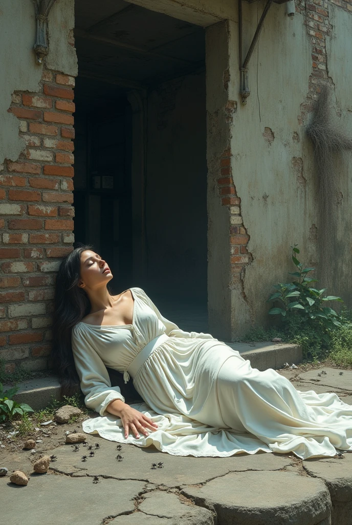 Sleeping goddess sprawled in front of a dirty brick building with bugs crawling around on the street