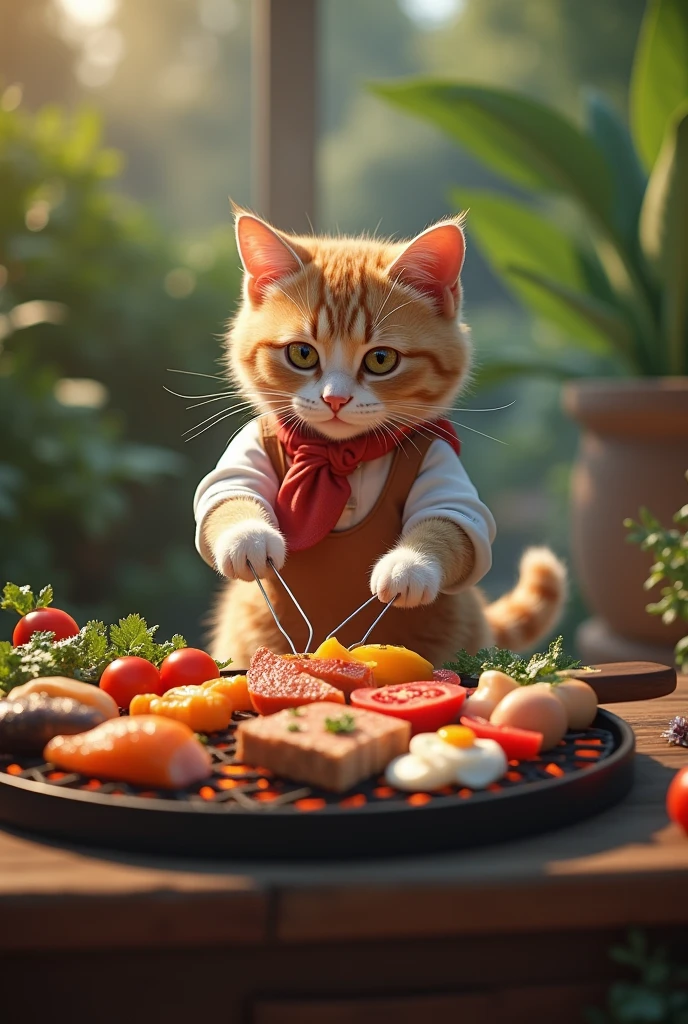 Cat makes、barbecue、vegetables、fish、meat、Grilling on a hot plate