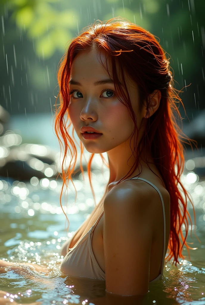 A natural scene amidst flowing water under heavy rain, with trees and slight sunlight filtering through the leaves. In the middle of the river, there's a side profile photograph of a young woman with Thai-Chinese features, blue eyes, and red hair. Her face and hair are drenched from the heavy rain, creating a shimmering effect. The photograph is rich in detail and portrait style, captivating with its intense focus and dramatic setting. She wears a simple beige camisole. Her wet hair and body add to the scene's allure. Taken with a Fujifilm Eterna Vivid 500T camera, the gentle yet continuous movement of water around her is visible. The semi-high angle of the shot clearly shows her wet face and shoulders. The background is filled with nature, trees, and soft sunlight filtering through the leaves, giving the image a natural feel. The light and shadows are well-balanced, adding vibrancy to the overall composition. Natural light focuses on the side of the subject, enhancing the scene.
