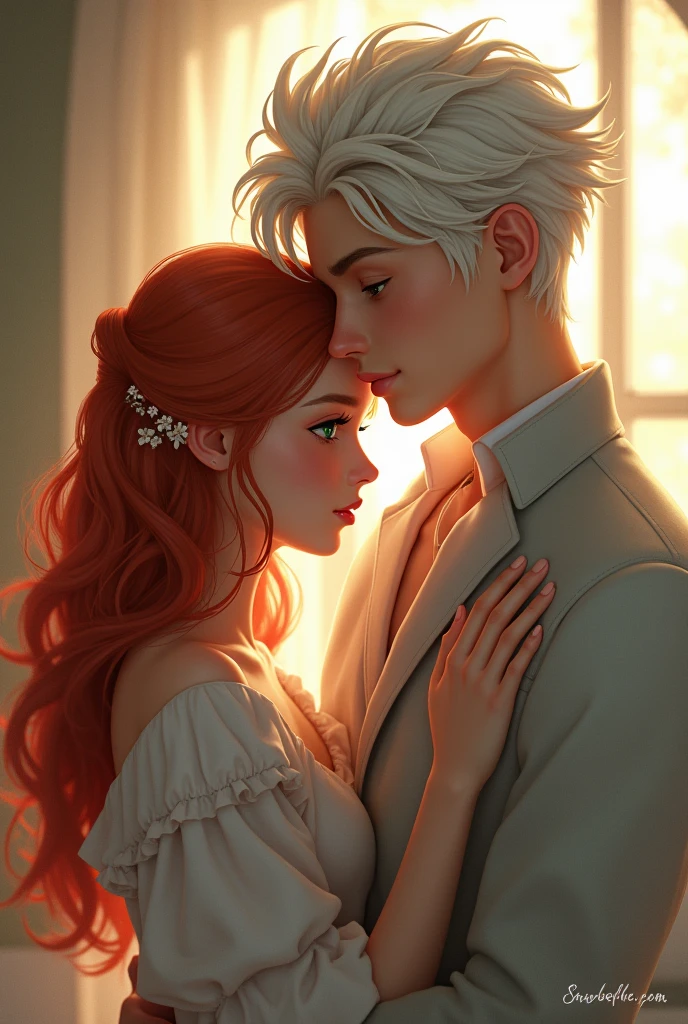 a red-haired girl with green eyes,in the arms of a boy with white hair and blue eyes