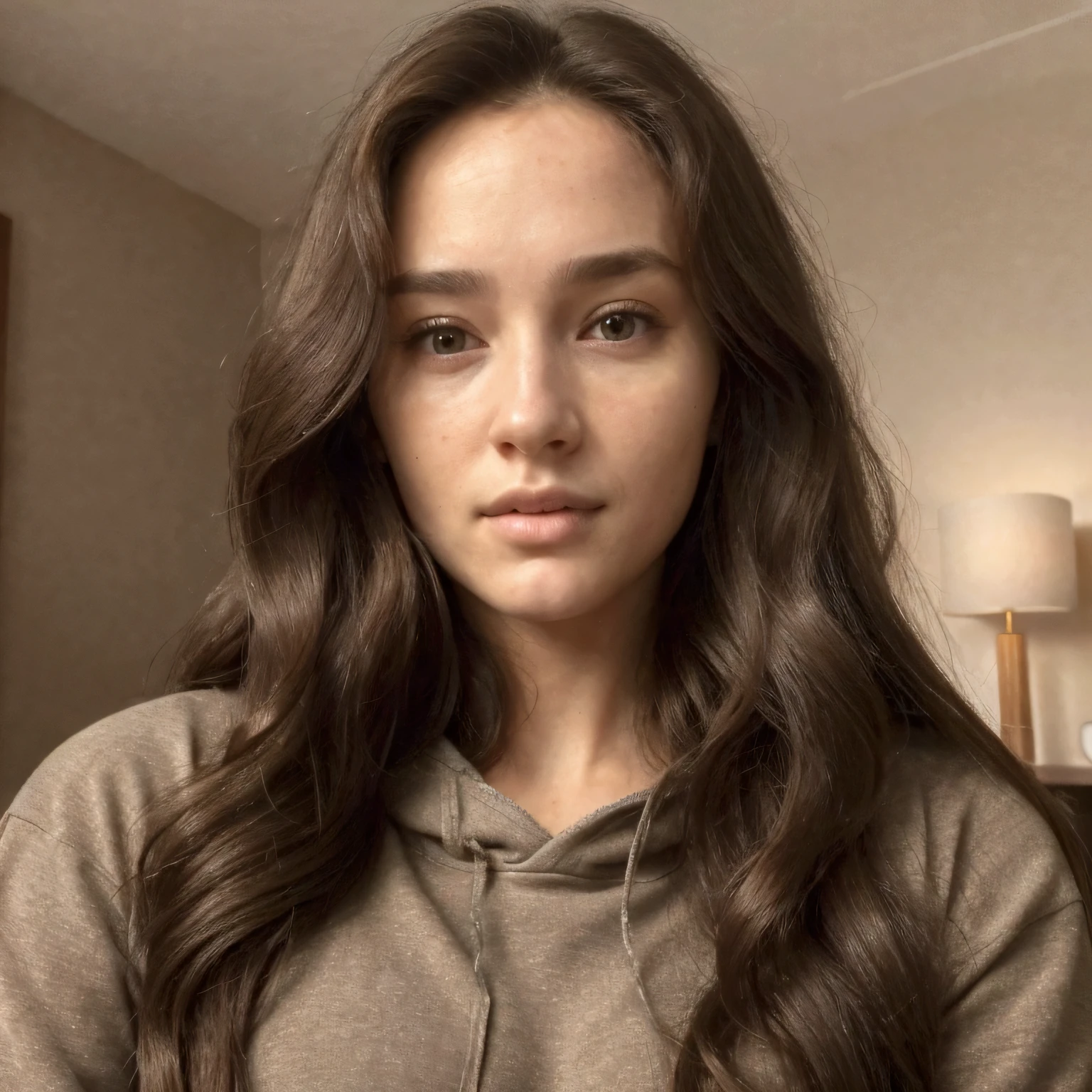 a girl with long wavy brown hair, black hoodie covering face, shy selfie on bed, detailed face, intricate hairstyle, daylight in room, (best quality,4k,8k,highres,masterpiece:1.2),ultra-detailed,(realistic,photorealistic,photo-realistic:1.37),HDR,UHD,studio lighting,vivid colors,portrait
