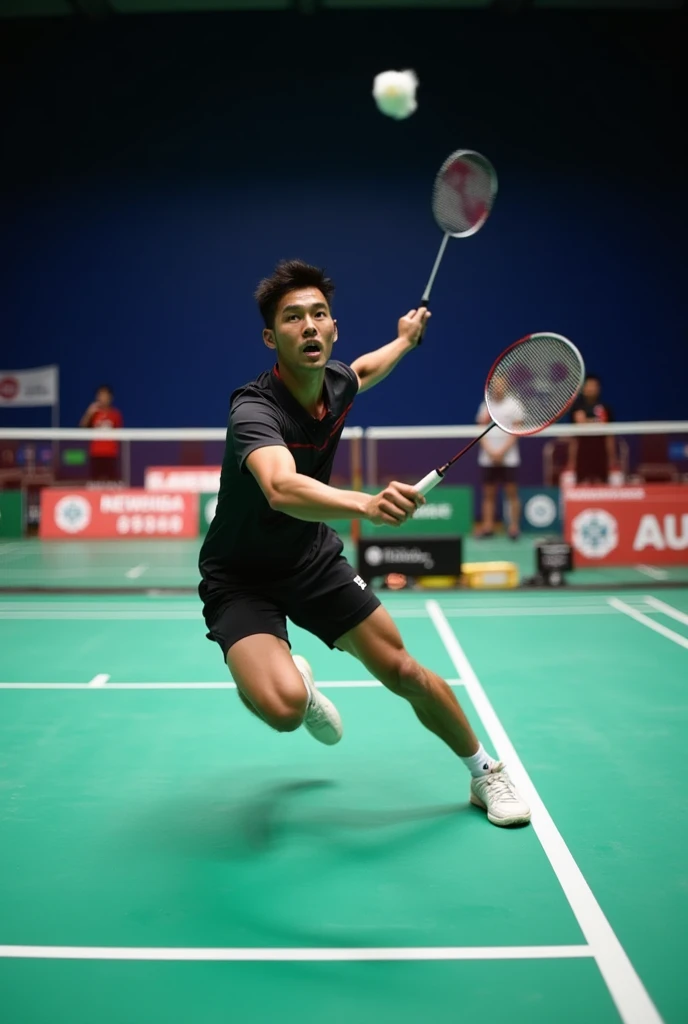 Take a photo with badminton court and a profesniol  playing  and show a perfect 
smash of the other