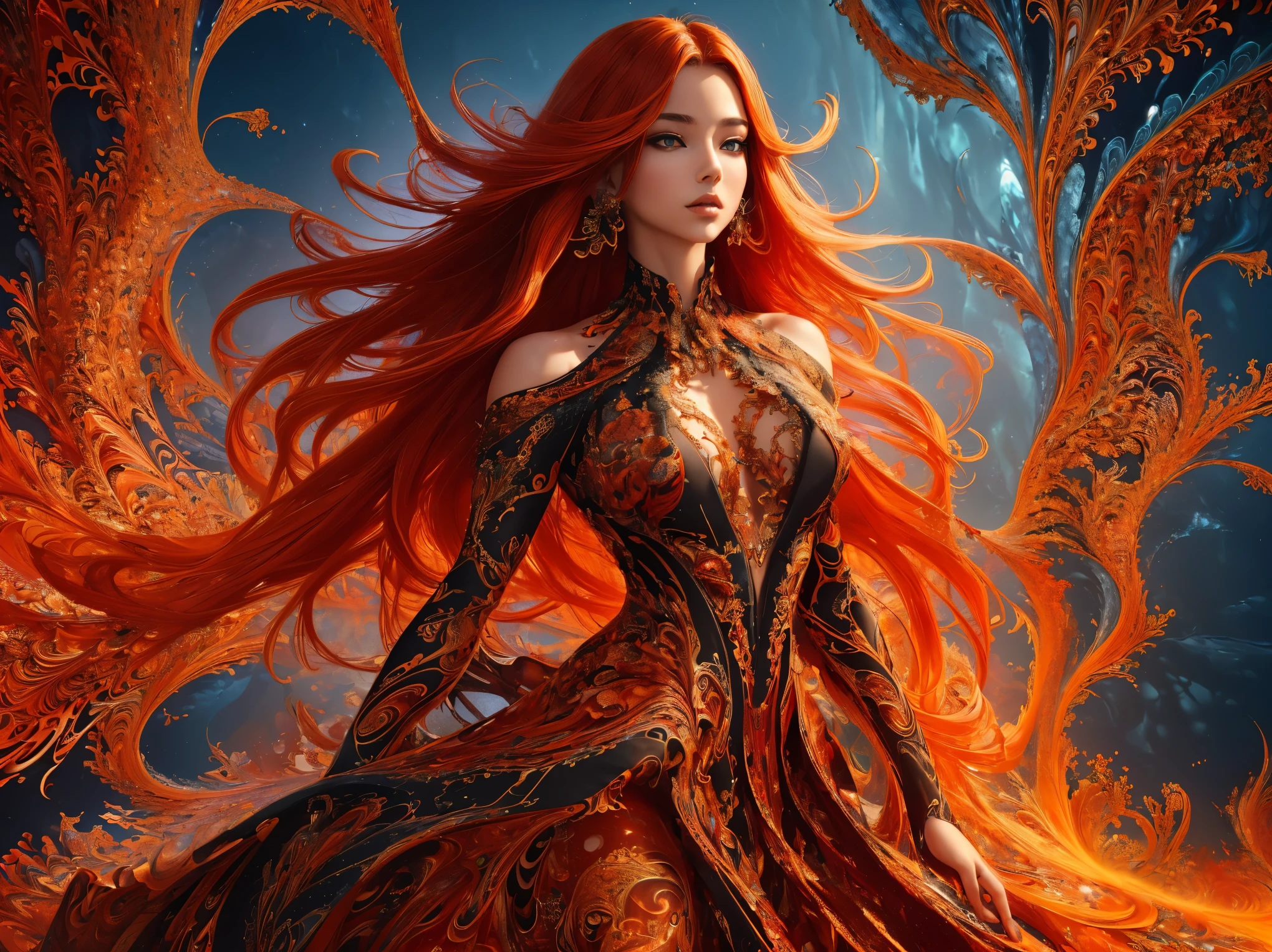 (masterpiece, top quality, best quality, official art, beautiful and aesthetic:1.2), (1girl),upper body, extreme detailed,(fractal art:1.3),colorful,highest detailed, nsfw
flowing elegant dress, exposed shoulders, cleavage. Sexy, seductive, teasing the viewer. long red hair. orange red gold, black