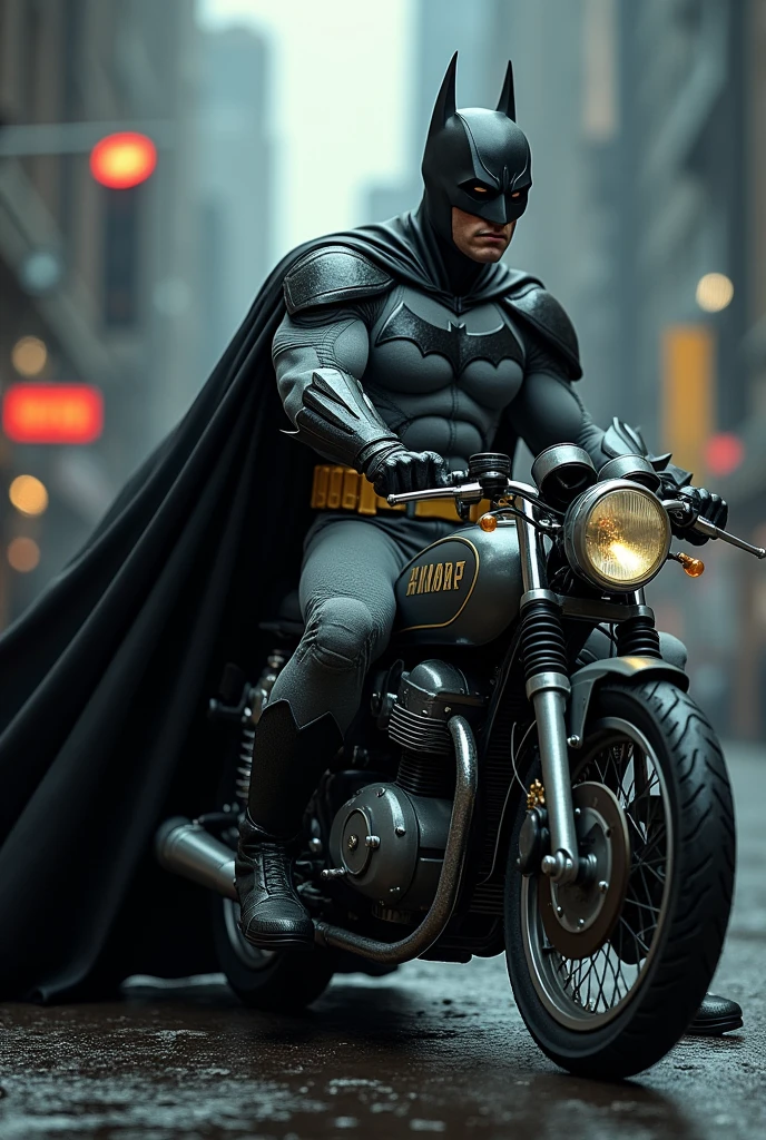 Batman sitting on Yamaha rx 100 bike