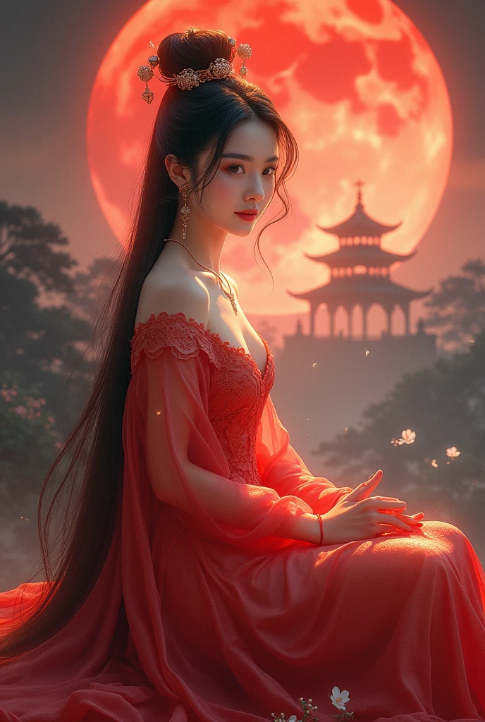 Nie Xiaoqian,Huang Xu Xian, background_picture,Wearing ancient Chinese attire (translucent, A shimmering red robe:1.4), Hair Bun,Solitary,1 female,Long hair,angel,Practical,Chinese clothes,Hanfu,Hair Bun,Lips,parted smiling Lips,Look at the audience.,Upper Body(With an ancient Chinese city as the background:1.2),(Sitting under the glow of a full blood moon:1.3),, See her whole front while sitting, best quality. , masterpiece, illustration, Very delicate and beautiful, Very detailed ,CG,Unite,8k wallpaper, Miracle, Fine details, masterpiece, best quality,Official Art,Very detailed CG Unite 8k wallpaper,nonsense, incredibly nonsense, Large file size , Very detailed, high, Very detailed,Beautiful girls with details, Very detailed eyes and face, Beautifully detailed eyes,There is light on the face,