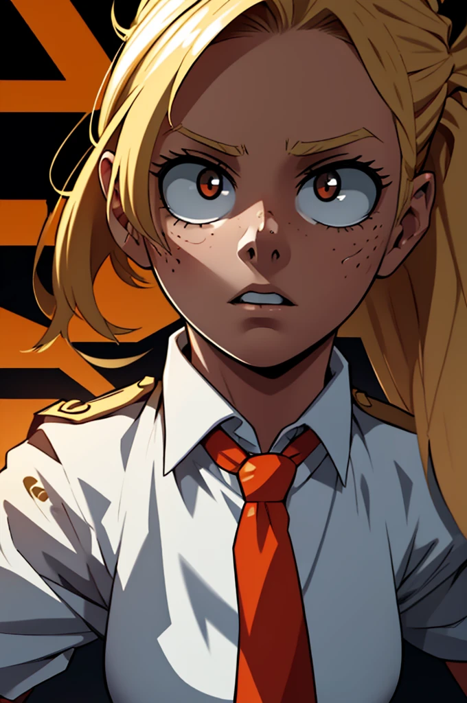 A front-facing image of the same young blonde girl, her hair just above her shoulders, wearing a school uniform. The uniform consists of a crisp white shirt, a red blazer, and a black tie. Her eyes, usually determined, are now wide with fear, glowing golden as they reflect the terror of what she sees in front of her. Her expression is one of intense fright, her face pale with a few freckles standing out against her skin. The background is shadowy and ominous, enhancing the sense of danger and fear. The scene captures the moment of vulnerability and shock, contrasting with her usual heroic demeanor.
