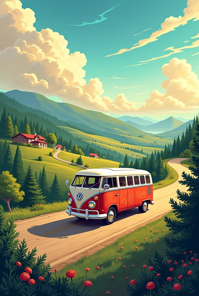 A drawing that has a bus with a landscape in the background 