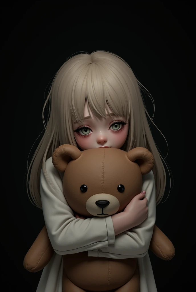 Hello, I need to generate an image with a black background, of a sad girl with blonde hair hugging a teddy bear.