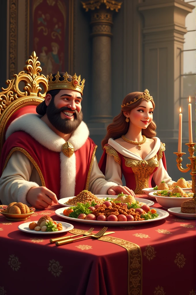 Setting: A grand medieval palace interior with ornate decorations and lavish furniture. A cheerful king and queen sit at a large dining table filled with various dishes. The king has a hearty laugh while the queen smirks playfully.