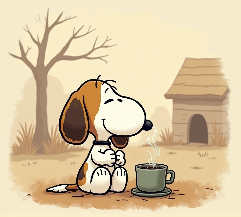 snoopy character drinking a cup of coffee