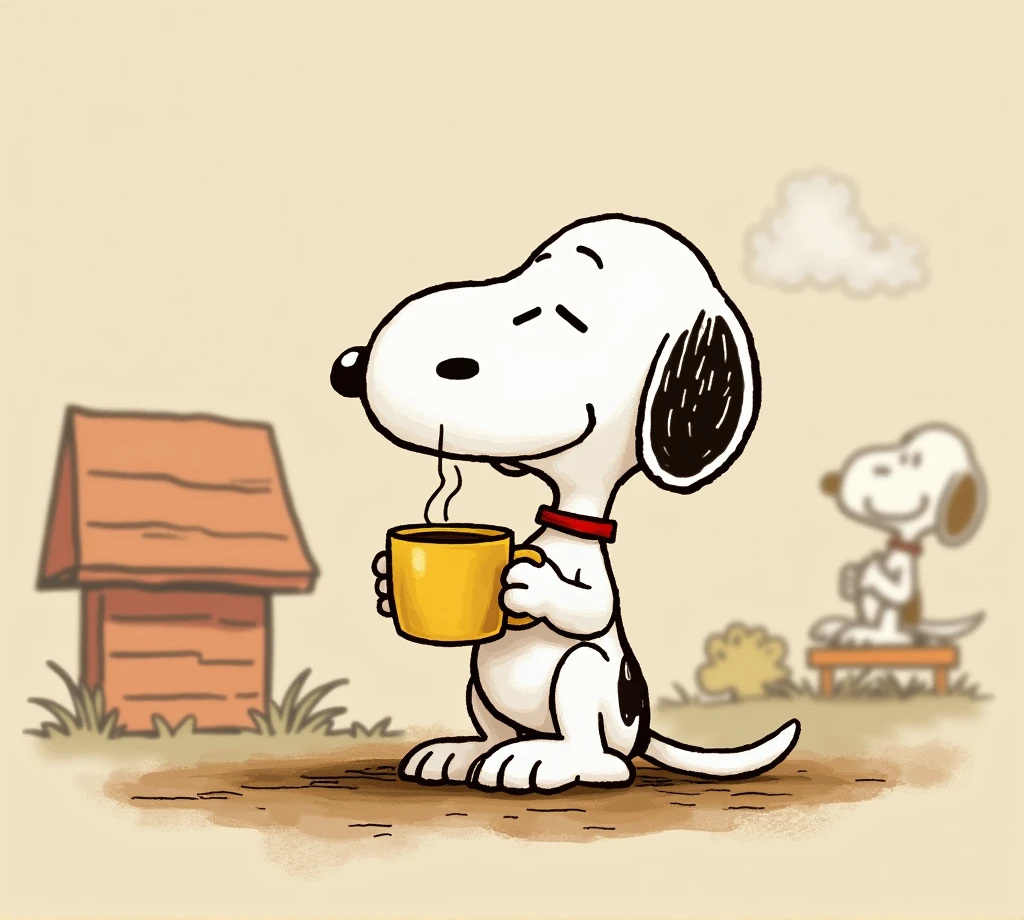snoopy character drinking a cup of coffee