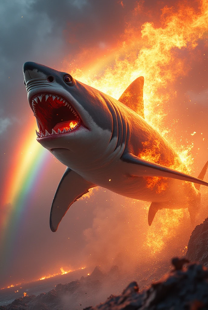 Shark on fire with rainbow in the background 
