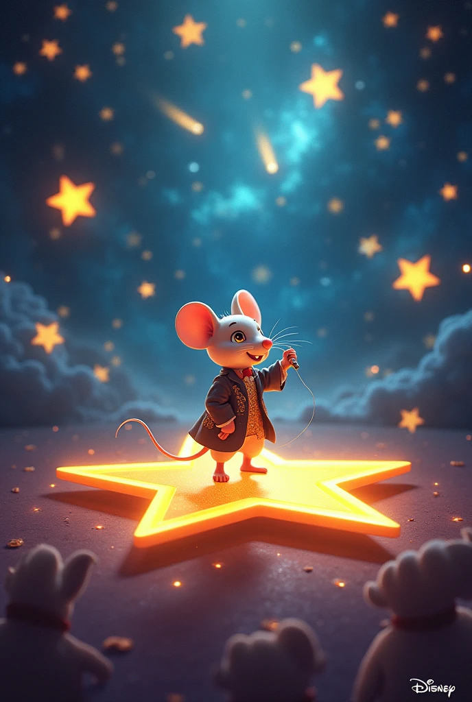 A drawing for a story about a mouse that sings in space on a star stage and sings for dancing stars, jumping moons, There must be comets, flashes and a space background