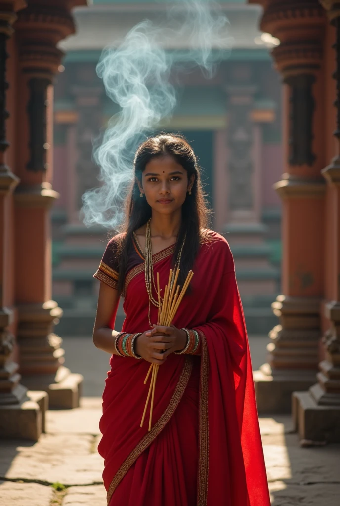 Nepali girl wearing a red saree worshiping            pashupatinath temple with insences in hand