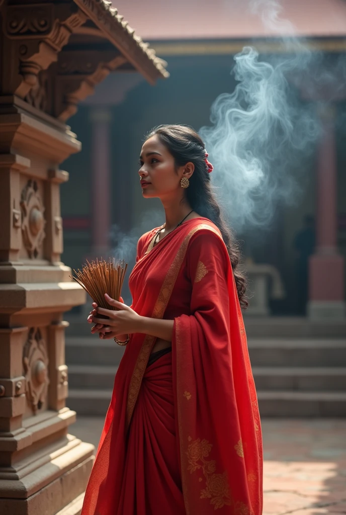 Nepali girl wearing a red saree worshiping            pashupatinath temple with insences in hand