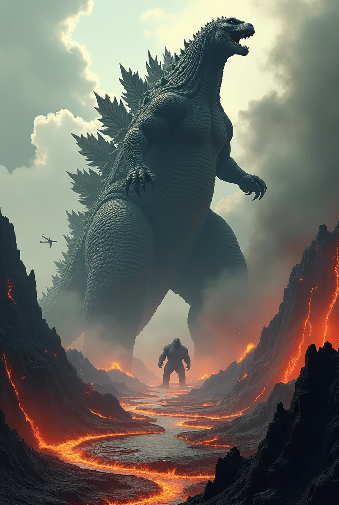 A realistic Godzilla, lava, hill, kong, plane, river