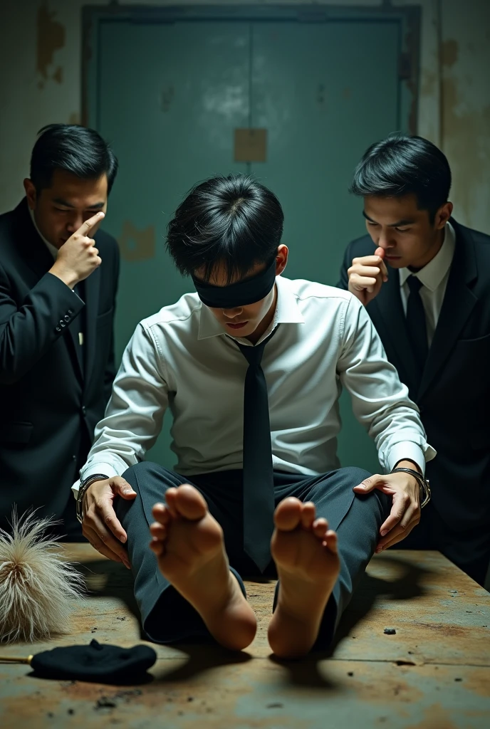 Malaysia malay handsome  23years  student 
He faint
Smelly feet
His hand handcuff in  abondon warehouse 
Blindfolded
handcuff
Formal Outfit 
Focus sweaty hot feet on desk
feather duster on desk
Dirty Black sock on desk
2 mafia pinch nose
