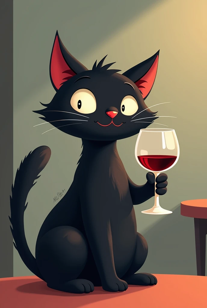 black cat drinking a glass of wine simple cartoon