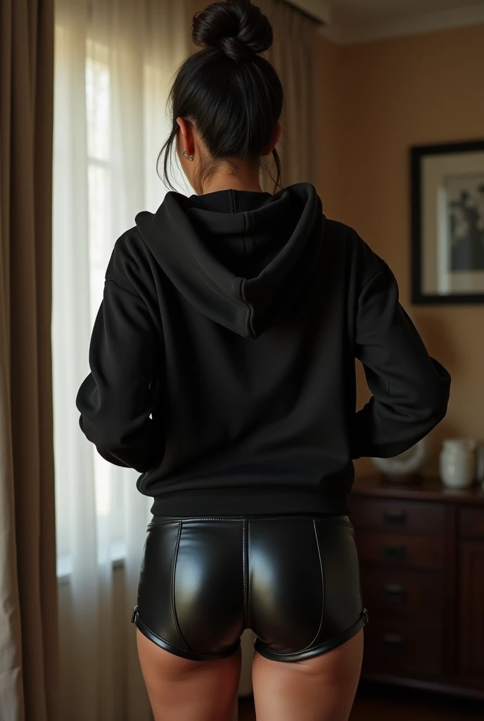 black woman hair in a bun black hoodie black leather short shorts being fucked in the ass by a old grandma in a dress