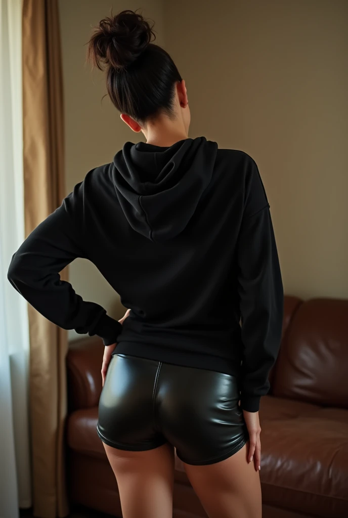 black woman hair in a bun black hoodie black leather short shorts being fucked in the ass by a old grandma in a dress