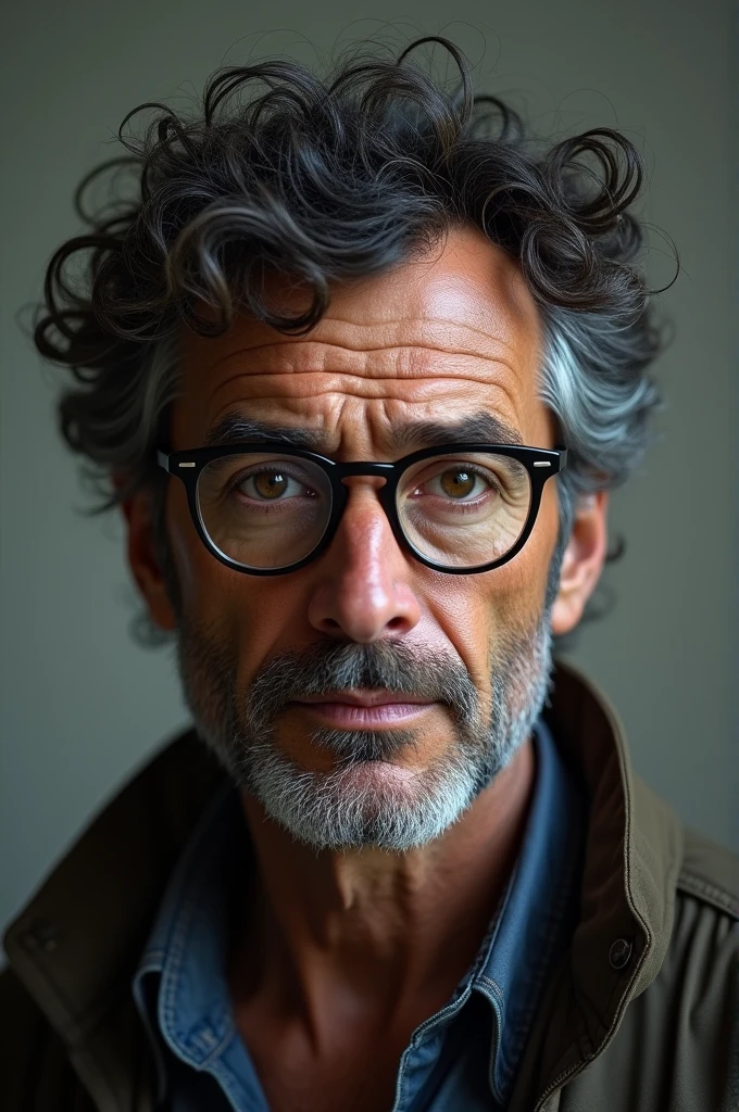 Ugly man with glasses, black curly hair, with imperfections on his face