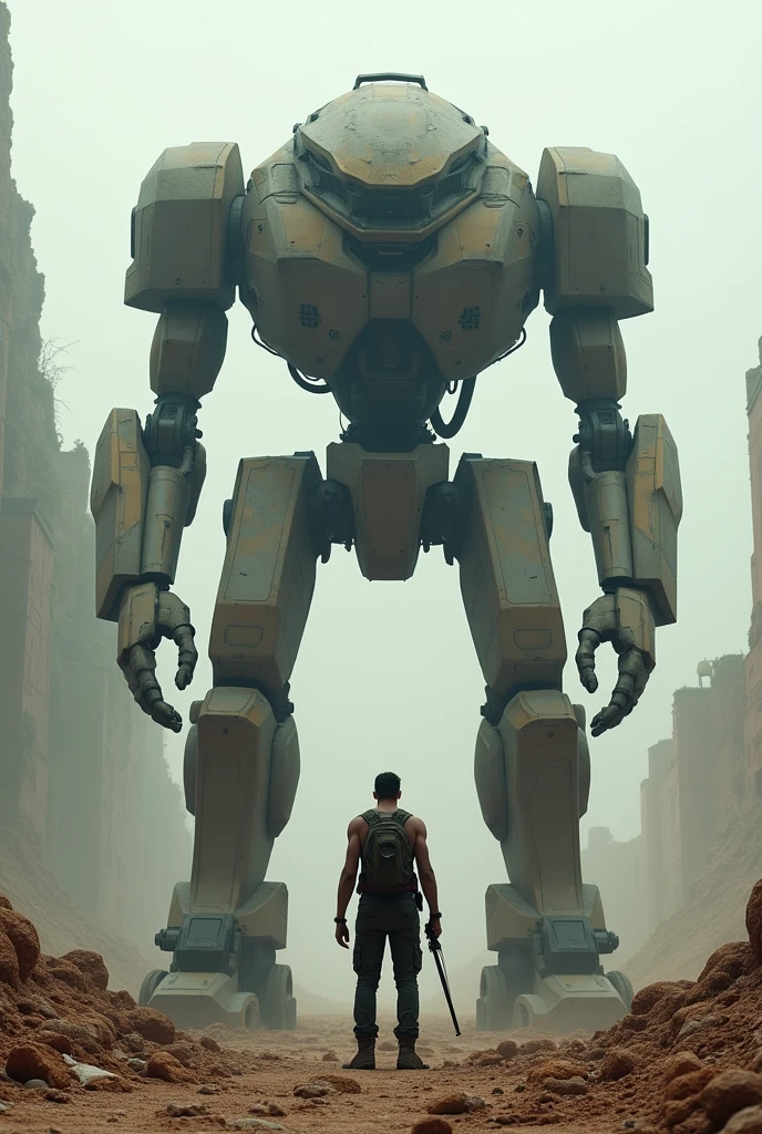 a man being the last man on earth fighting a giant robot, 4K, high details, masterpiece, super detail, best quality