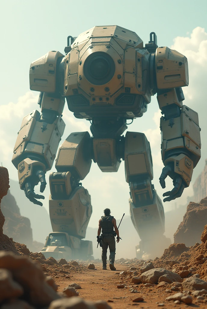 a man being the last man on earth fighting a giant robot, 4K, high details, masterpiece, super detail, best quality