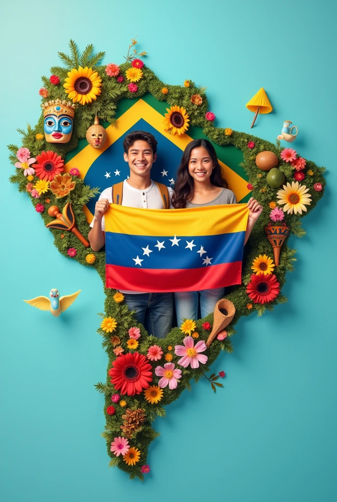 Smiling teenagers holding the Venezuelan flag inside the map of Brazil with objects of Venezuelan and Brazilian culture