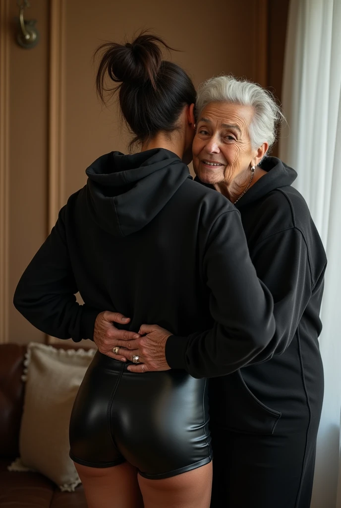 black woman hair in a bun black hoodie black leather short shorts being fucked in the ass by a old grandma in a dress