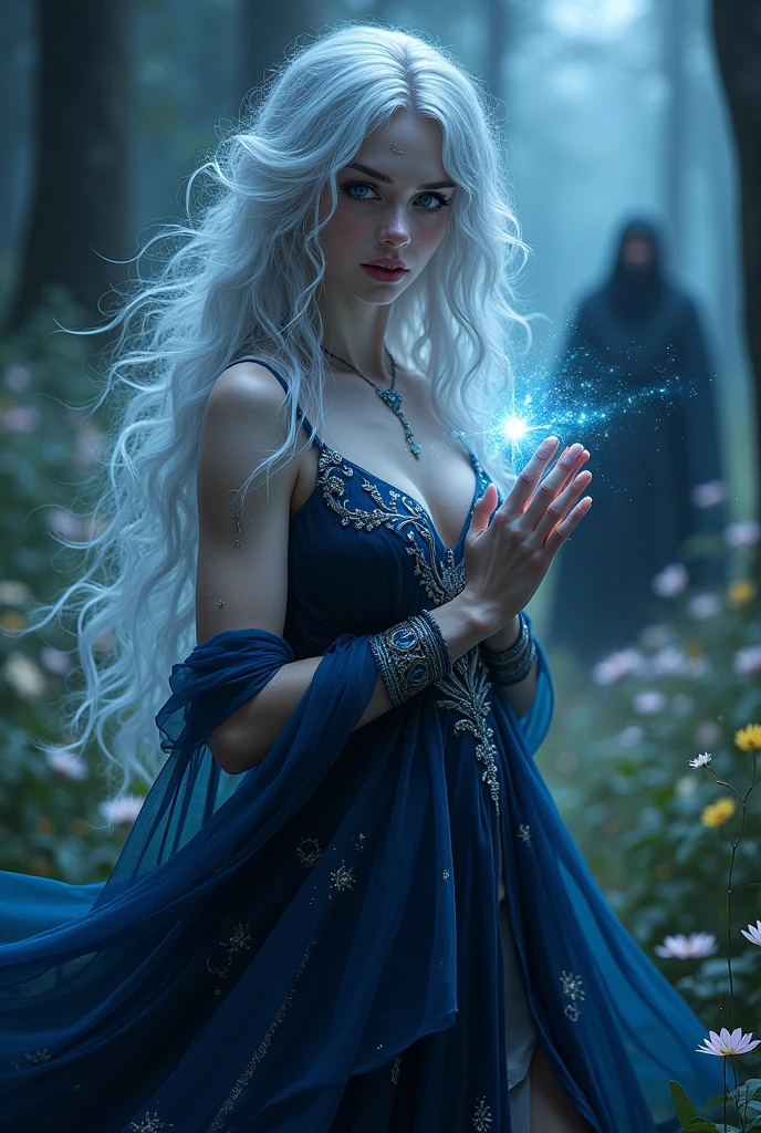 A woman with long, wavy hair, with silver locks that shine under the moonlight. Hair looks almost ethereal, as if floating lightly, the eyes a deep shade of blue, like a night sky, with small silver sparks that resemble stars. They have a hypnotic glow, almost as if they reflected the moonlight. Furthermore, the pupil is slightly elongated, giving a mysterious and predatory touch, like a vampire&#39;s.
the skin is pale with a slight glow reminiscent of nighttime luminescence. Small constellation markings can adorn your arms and face, wearing a long, flowing dress, made of a fabric that appears to change color between deep blue and black, with silver embroidery, it is in the center, com um olhar intenso, holding a magical artifact. 
In the background there is a blurred and shadowy figure of a man with a threatening aura.
In a setting that mixes elements of nature and magic, like an enchanted forest with tall trees and bright flowers, but also with sinister shadows that suggest danger.
With symbols and runes that represent both blood (like drops or marks) as the charms (como estrelas).