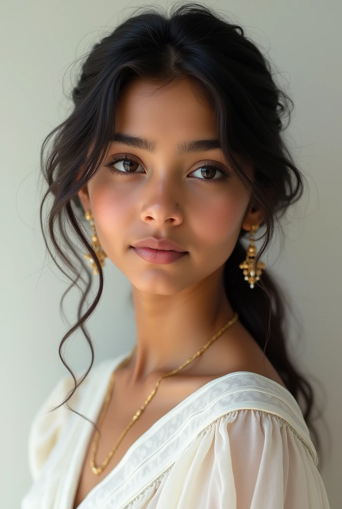 A cute Indian girl in white , white colour , realistic feel