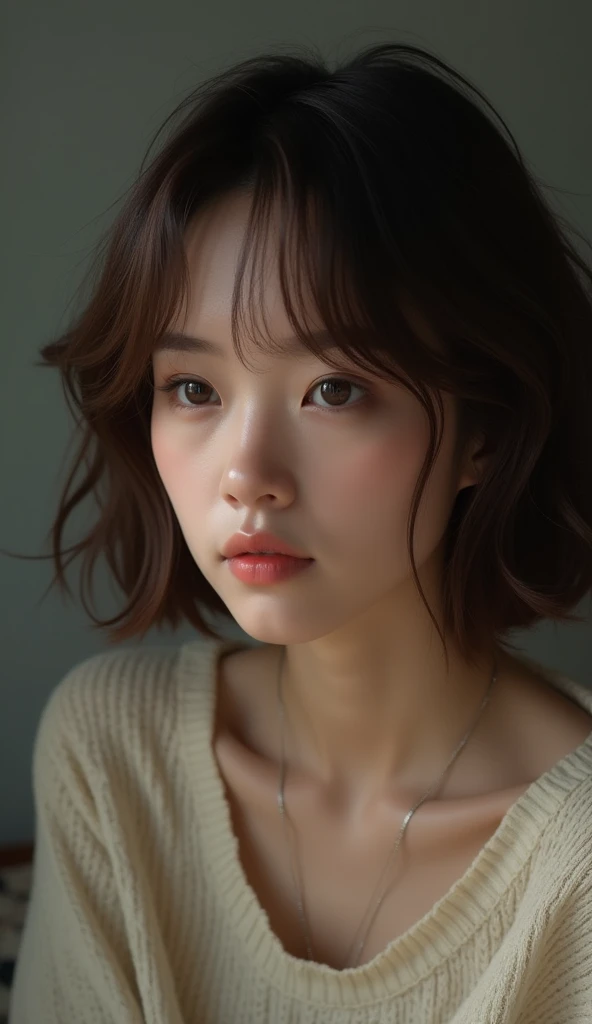 A close-up, realistic portrait of a woman with short, straight brown hair, a neutral expression, and natural makeup, set against a solid bedroom background. The woman is wearing a black top and is gazing towards the left side of the camera. The image captures fine details in her face and hair, with soft lighting emphasizing her features."