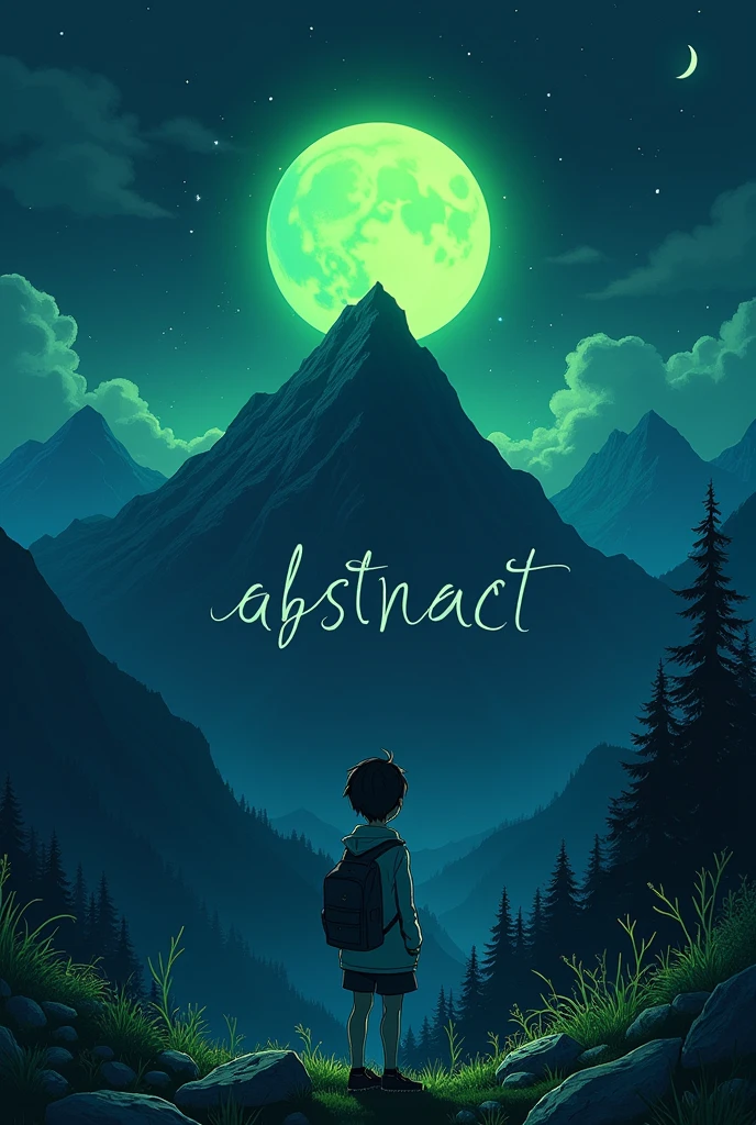 (Anime)the word ABSTRACT written on a mountain,green color,green moon,nigt, hinta looking up on the mountain ,