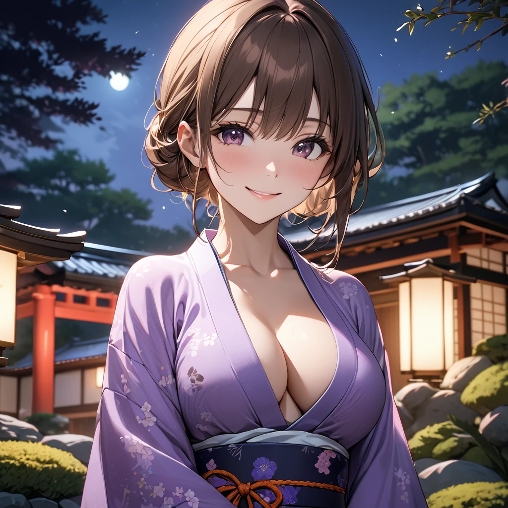 High resolution, masterpiece, 最high quality, Very detailed, high quality, Textured skin, Brown Hair, Natural smile, Japanese garden,night,Cinema Lighting, Purple kimono,chest, born,Professional photography,Cinema Lighting, round breasts, breasts apart,