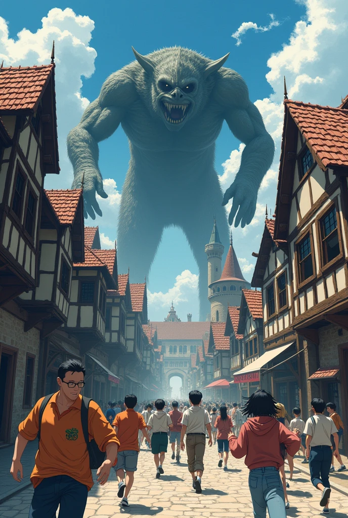 Anime-style fantasy town in the Middle Ages is attacked by monsters, panic people animation