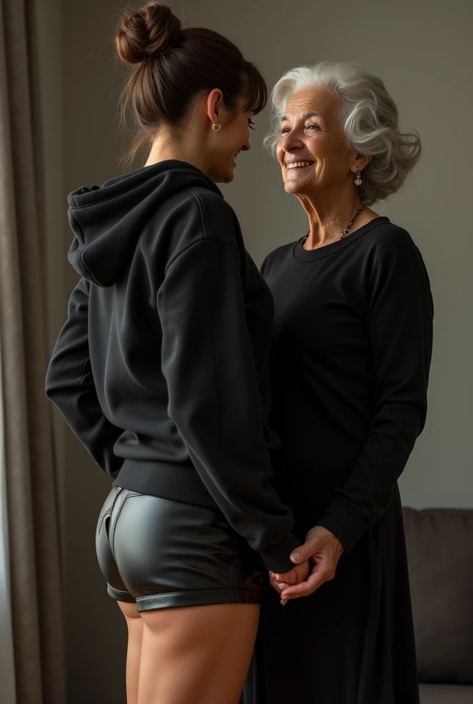 black woman hair in a bun black hoodie black leather short shorts being fucked in the ass by a old grandma in a dress