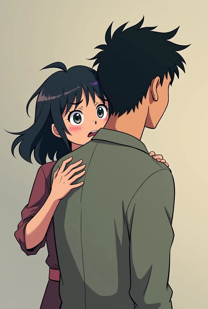 A women is hiding behind a man out of fear anime catoon from women backside 

