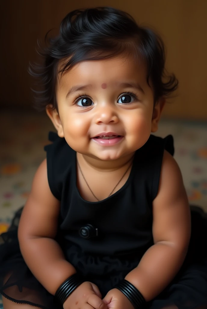 Indian baby girl with big eyes black dress cute smile chubby cheeks with black bangles