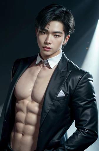 1 korean man, the 25, only, masterpiece, perfect face, muscled body, Whole body, (bare chest), (bare chest), muscular chest, abs, detailed tailcoat, monocle, has, short hair, pretty blue eyes, perfect hands, gloves, Strict and dynamic posture, personal, Nardack, Magic City Fund, with magic circles, background rays, (Voluptuous crotch)