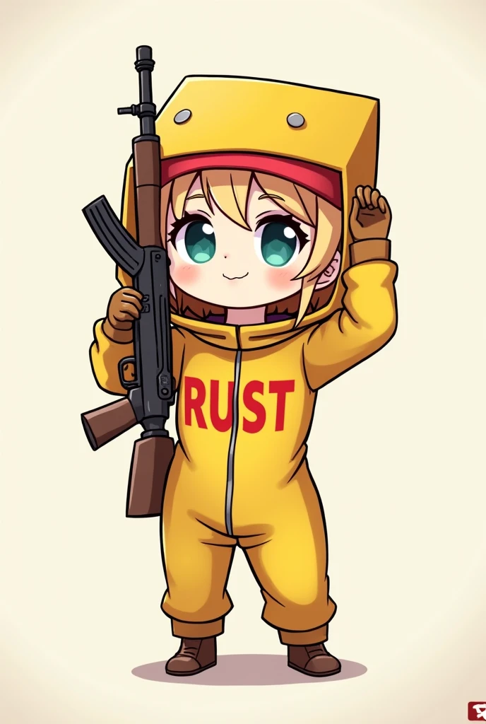 DESSIN VERSION CHIBI D UN PERSONAGE FILLE AU CHEVEUX BLOND DU JEUX VIDEO RUST EN HAZMAT QUI EST ROUGE SUR LA TETE ET JAUNE SUR LE CORT LA CAPUCHE EST CARRE AVEC UNE AK ROSE DANS UNE MAINS ET DANS L4AUTRE ELLE LEVE LA VISIERE DE SON HAZMAT AVEC ECRIT RUST SUR LE HONT EN ROUGE
