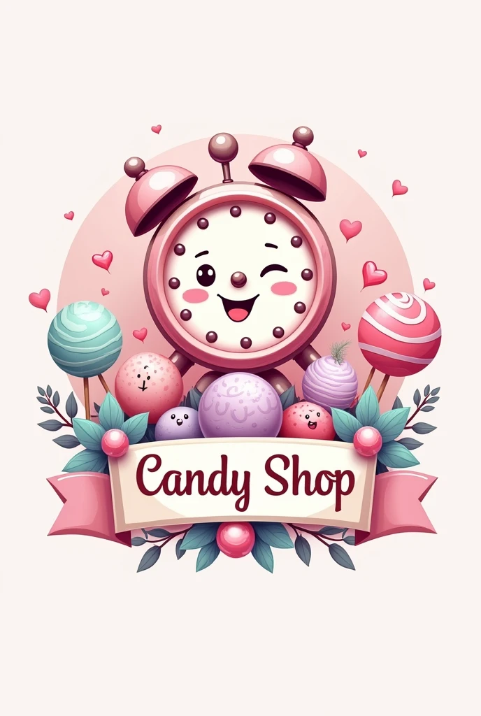 create a pastel colored candy shop logo called “clocks candy shop”