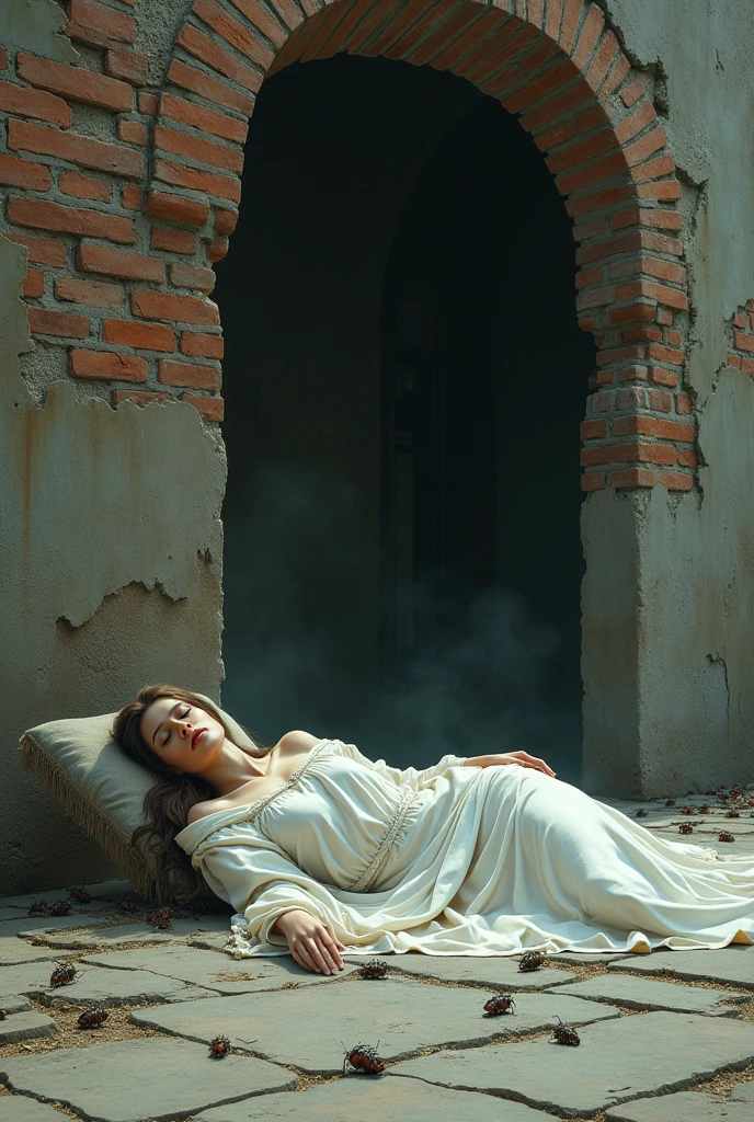 Sleeping goddess sprawled in front of a dirty brick building with bugs crawling around on the street