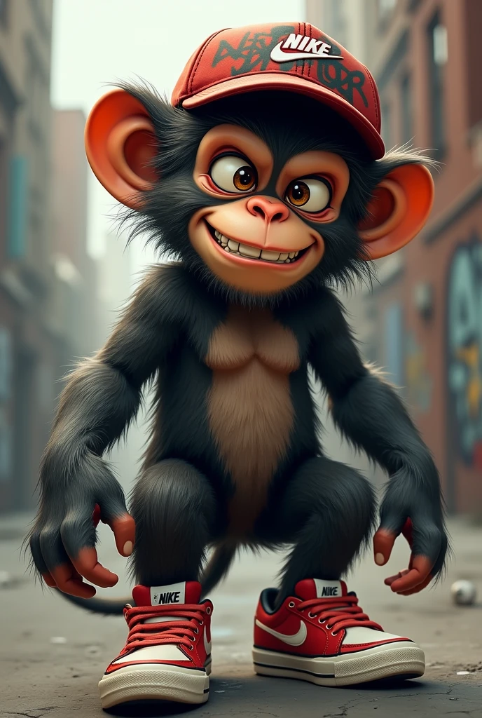 Bad monkey with a cap and Nike tennis shoes