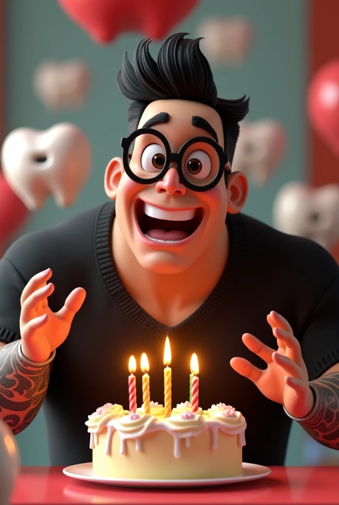 Character illustration in Disney Pixar 3D style of a large-bodied Latino man dressed in a black sweater with a masculine face and cheerful black hair combed to the side with black glasses, Tattooed arms blowing out a birthday cake and surrounded by teeth