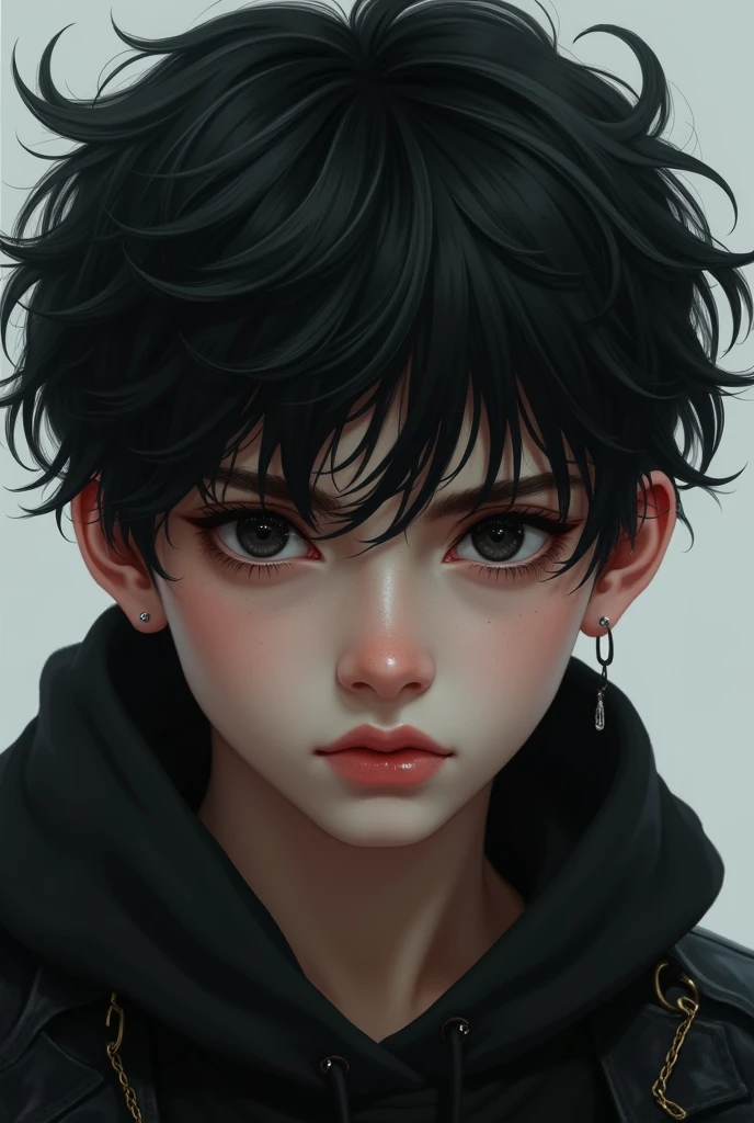 Black haired boy with black eyes and some piercings