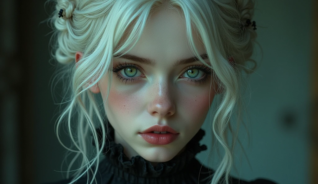 Young Caucasian woman in gothic style, white hair and green eyes