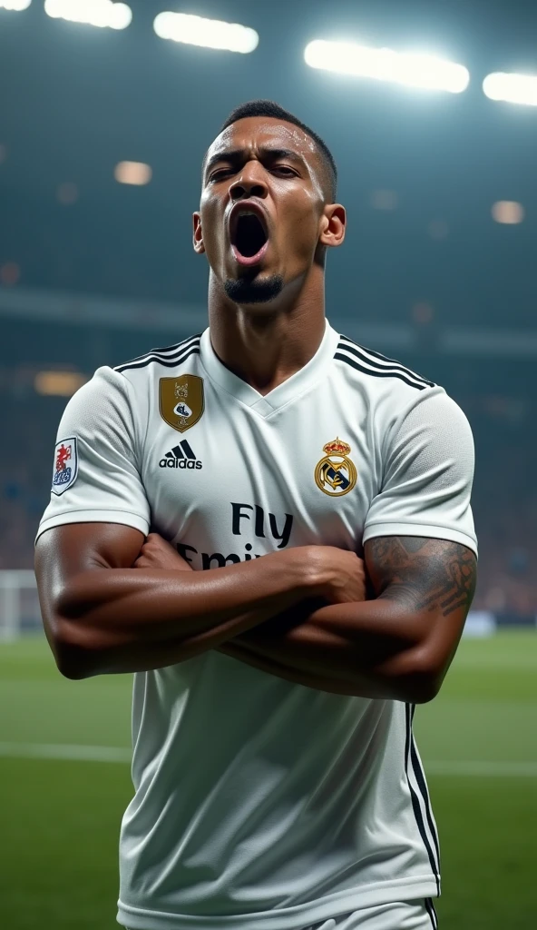 photorealistic, 8k, hyperrealistic, a Kylian Mbappe wear Real Madrid jersey, number 9, celebrating his goal, in stadium, arm crossed pose, highly detailed face, intense expression, dramatic lighting, cinematic composition, chiaroscuro, dramatic shadows, photographic realism