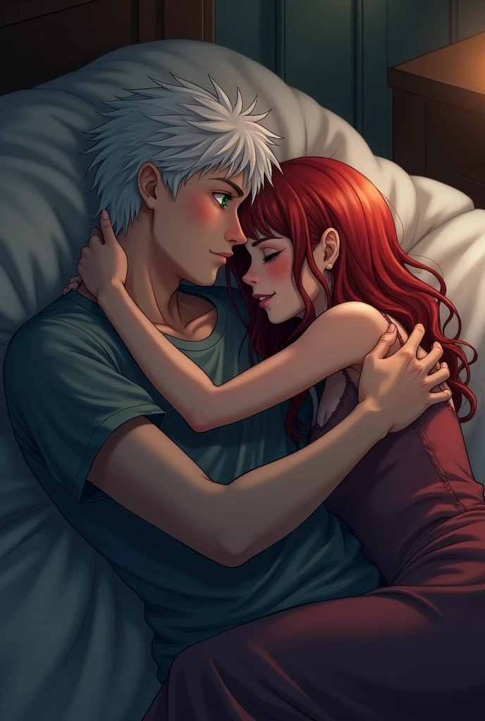 a red-haired girl with green eyes,in the arms of a boy with white hair and blue eyes , in a room lying down