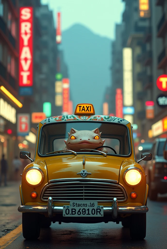 An axolotl taxi driver sick from pollution in Mexico City driving in a taxi